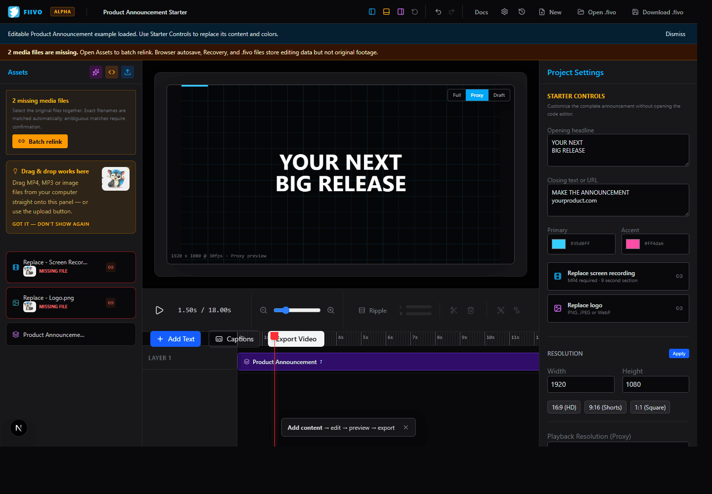 Fiivo editor showing the editable Product Announcement starter timeline